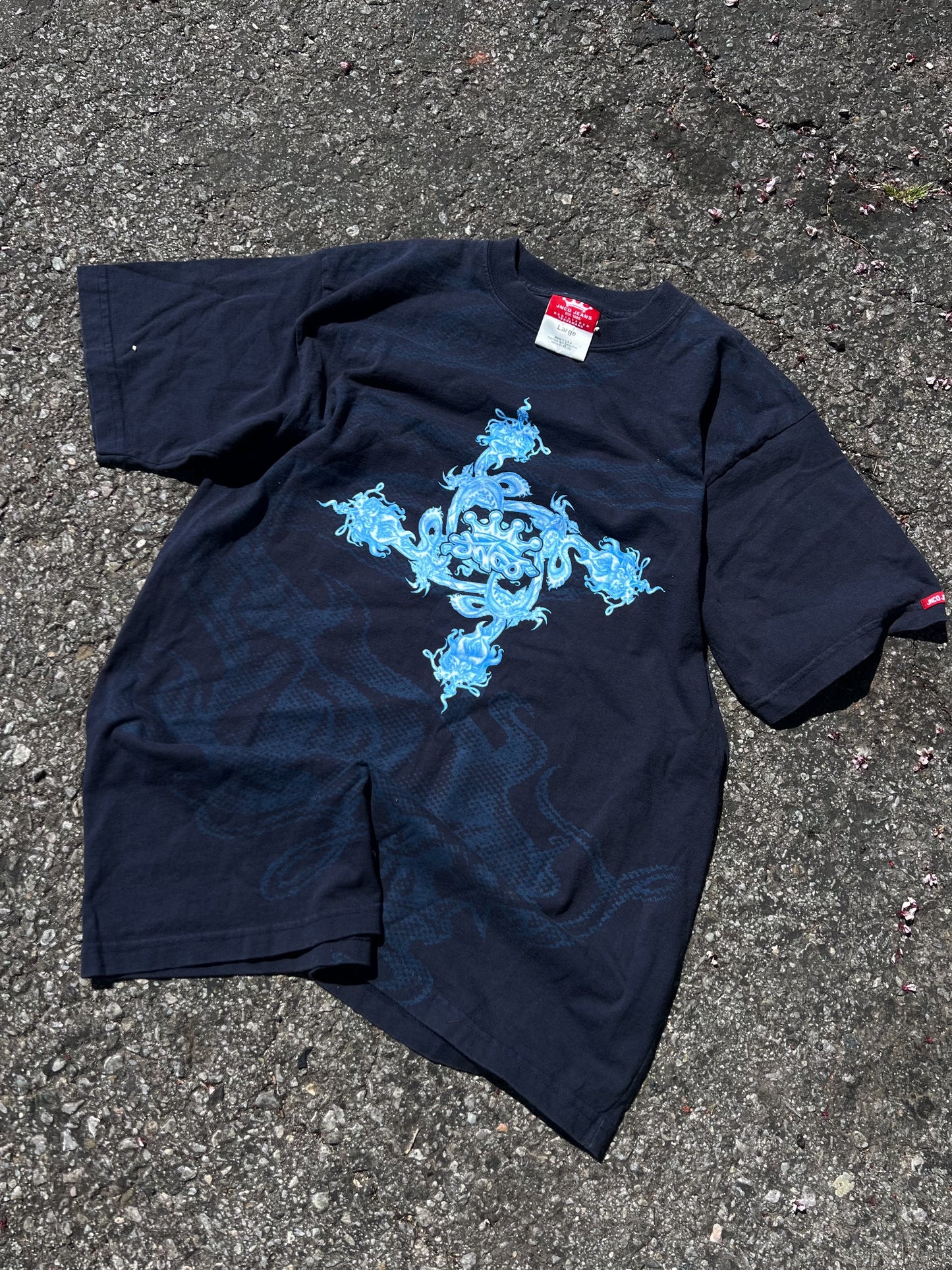 Vintage 90s JNCO Jeans T-Shirt Size L Flames Dragons Fire Double Sided RARE