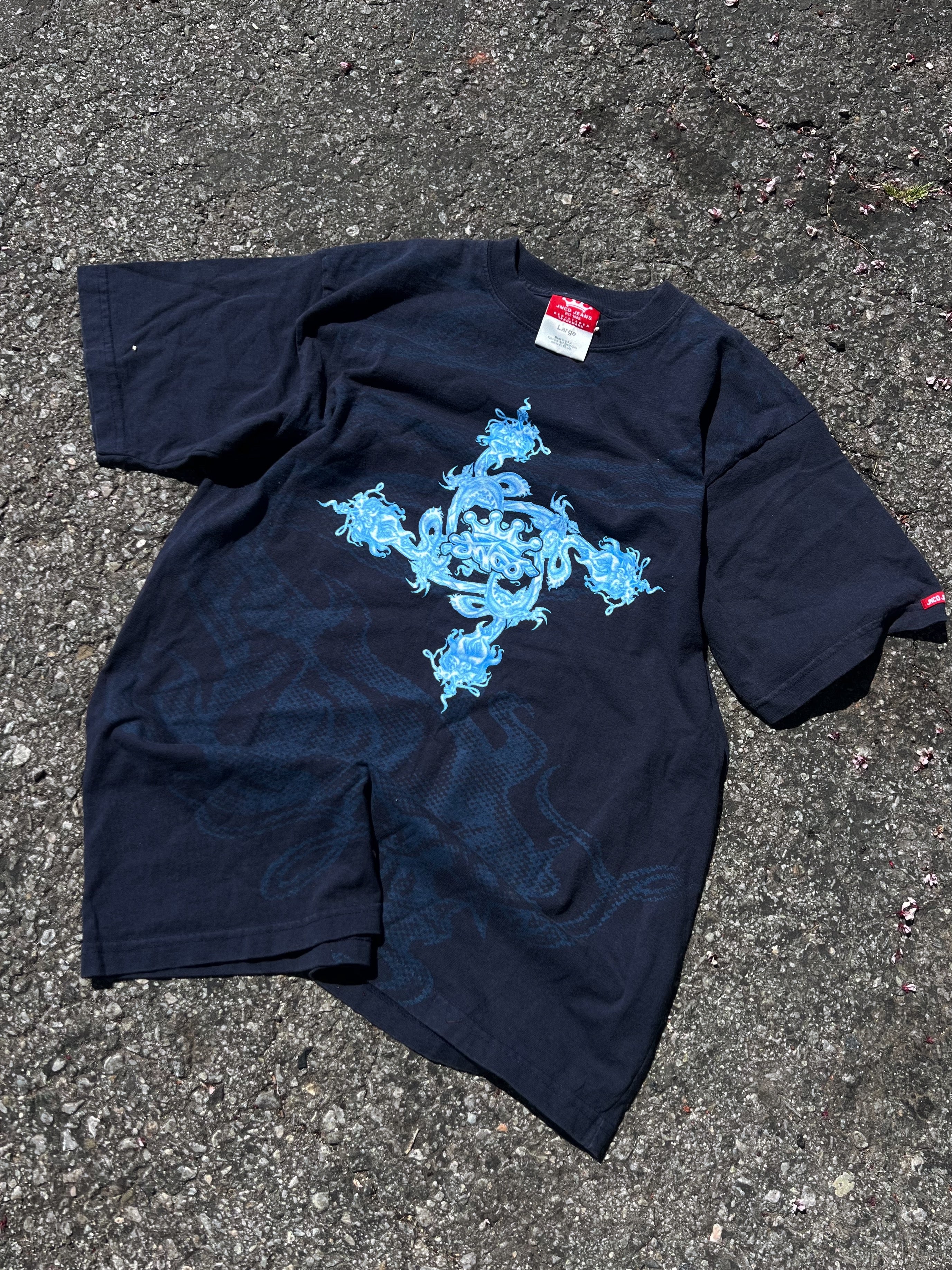 Vintage 90s JNCO Jeans T-Shirt Size L Flames Dragons Fire Double Sided RARE